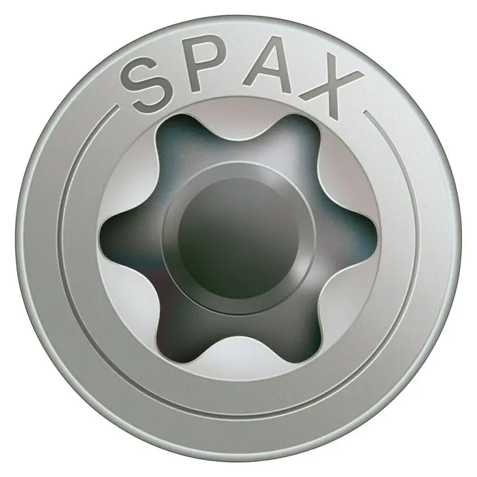 Spax T-Star plus Senkkopfschraube Rostfrei - Ø x L: 4 x 35 mm, Edelstahl, 200 Stk., Teilgewinde - Spax Schraubenkopf: Detailaufnahme des Schraubenkopfs mit Torx-Antrieb und eingelassenem Spax-Logo für sichere und hochwertige Verbindungen.