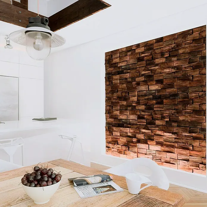 Wandpaneel Axen I - Kiefer, 780 x 190 mm, Stärke: 6 mm - 17 mm, 0,59 m² - Einrichtung mit Holzwandpaneelen, die dem Raum Wärme und Textur verleihen. Moderne Küche mit rustikalem Akzent.