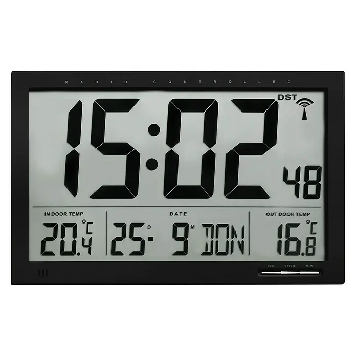 Funkuhr XL - Schwarz, L x B x H: 36,7 x 2,8 x 23 cm - Digitale Funkuhr mit Anzeige von Innen- und Außentemperatur, Datum und Uhrzeit. Ideal für Zuhause oder das Büro.