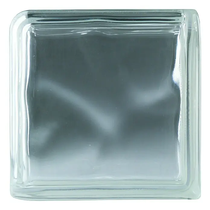 Fuchs Design Glasbaustein - Klar, Wolke, 19 x 19 x 8 cm, Doppelendstein - Nahaufnahme eines klaren Glasbausteins, der das Licht auf einzigartige Weise reflektiert und für modernes Design geeignet ist.