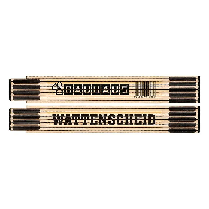BAUHAUS Zollstock - Wattenscheid, 2 m - Klappmeterstab mit den Aufschriften "BAUHAUS" und "WATTENSCHEID" für präzise Messungen und Bauprojekte.