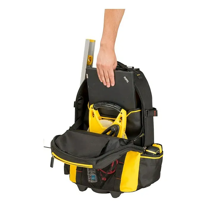 Stanley FatMax Mochila para herramientas - Nylon, Negro/Amarillo, No incluye herramientas - Mochila de herramientas con ruedas: Mochila negra y amarilla con herramientas y portátil, ideal para profesionales. Práctica y versátil.