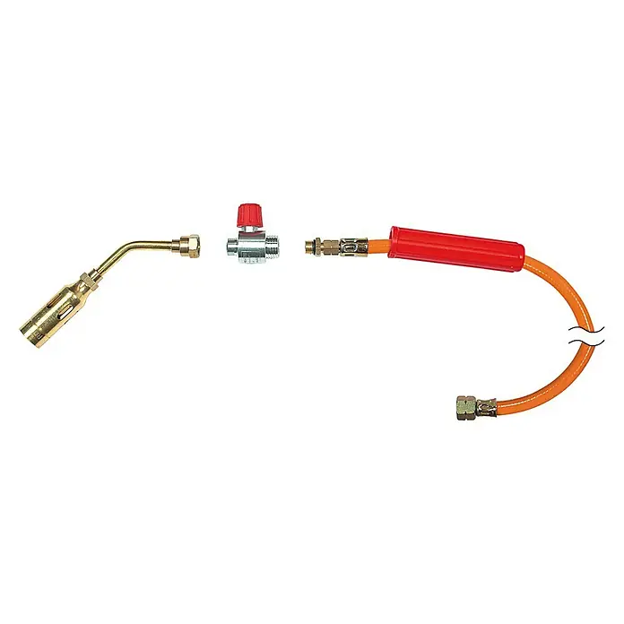 Rothenberger Industrial Propan-Löt-Set - Höchsttemperatur: 1.750 °C - Abgebildetes Produkt ist ein Lötbrenner mit Schlauch und rotem Griffstück, der für präzise Arbeiten konzipiert wurde.