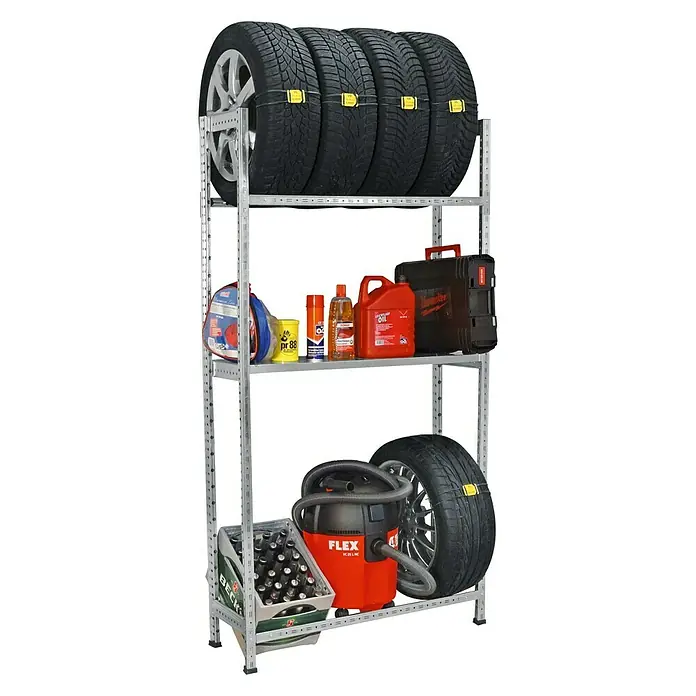 Scholz System Reifenträger-Set - Länge: 96 cm, Verzinkt, 2 Stk. - Abgebildetes Metallregal mit Reifen, Ölkanister und Werkzeugkoffer, ideal für Garage oder Werkstatt zur Aufbewahrung von Zubehör.