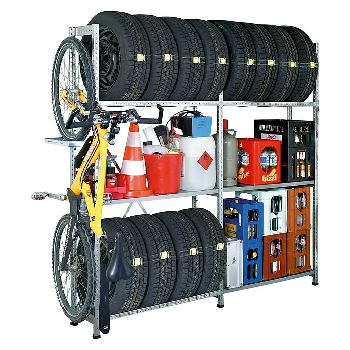Scholz System Reifenregal Grundelement Profi - H x B x T: 192 x 105 x 32 cm, Traglast pro Boden: 100 kg, Anzahl Böden: 1 Stk., Stecken, Silber - Abgebildete Reifenregale mit Reifen, Fahrrad und diversen Utensilien. Ideal für Garage oder Keller zur geordneten Aufbewahrung.