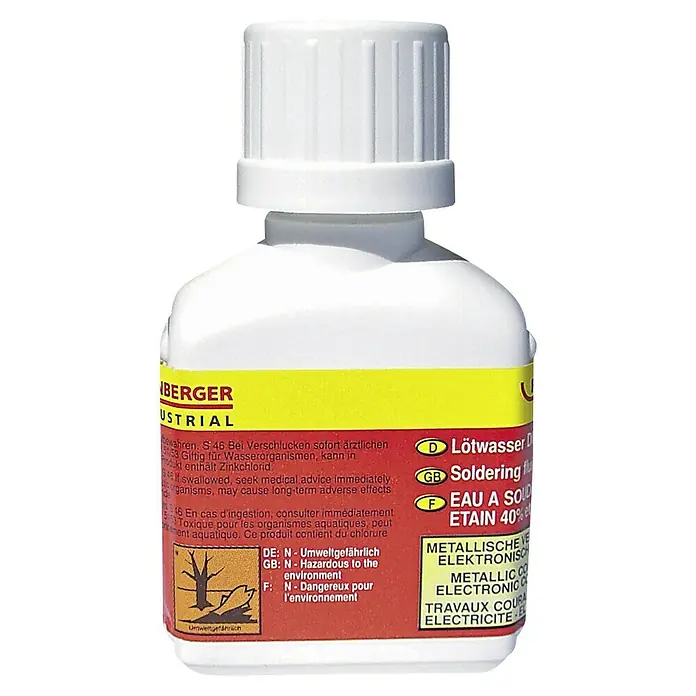 Rothenberger Industrial Agua para soldar - 24 ml - Imagen de una botella de flujo de soldadura, adecuada para trabajos metálicos y electrónicos, con símbolos de peligro.