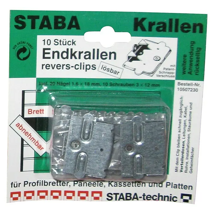 Staba Endkralle mit Reversclip - 10 Stk., Stahl - Bild einer Packung STABA Endkrallen revers-clips, inklusive Nägel und Schrauben, für Profilbretter, Paneele, Kassetten und Platten.