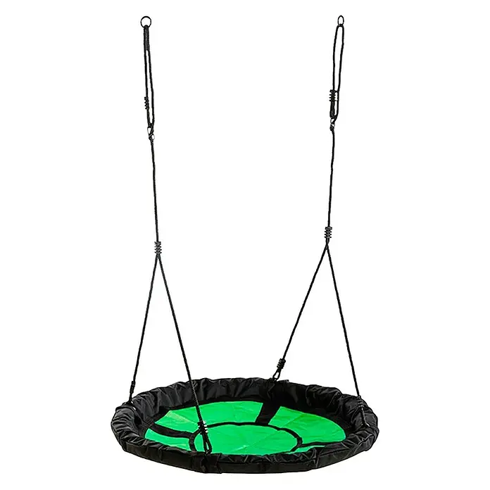 Weka Nestschaukel Tabaluga - Durchmesser: 100 cm, Apfelgrün/Schwarz - Eine runde, grüne Nestschaukel mit schwarzem Rand hängt an zwei Seilen. Ideal für Spielplätze und den Garten.