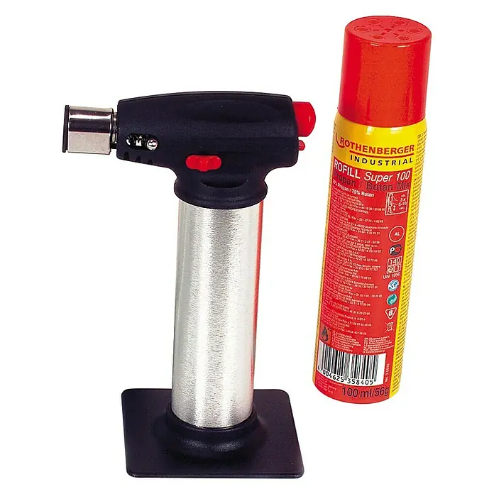 Rothenberger Industrial Soplete de soldador - Temperatura máxima: 1.300 °C - La imagen muestra un soplete Rothenberger con cartucho de gas, ideal para aplicaciones profesionales.