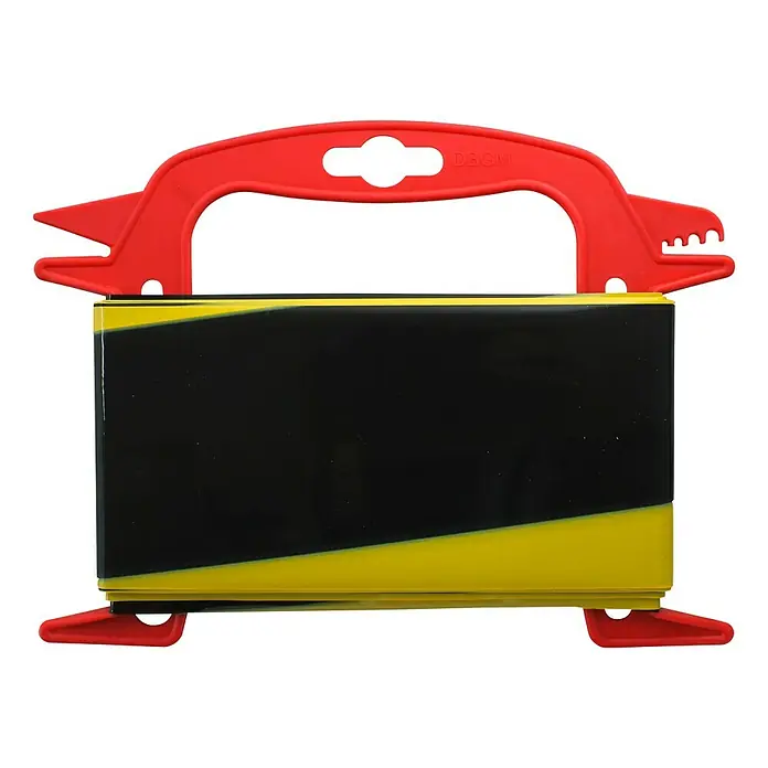 Stabilit Absperrband - 25 m x 80 mm, Gelb/Schwarz - Gelb-schwarzes, bandförmiges Absperrband mit rotem Haltegriff und integriertem Messer für einfaches Abtrennen.