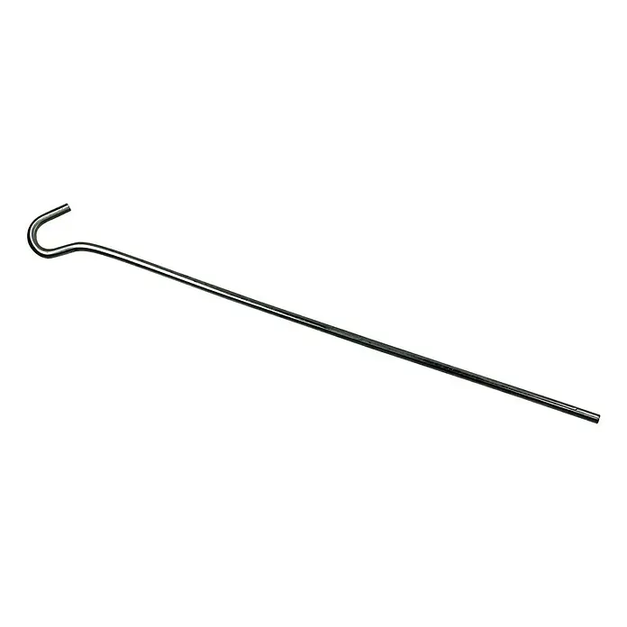 Stabilit Zelthering18 cm, 10 Stk. - Nahaufnahme eines glänzenden, silbernen Zeltherings mit einem gebogenen Hakenende auf einem schwarzen Hintergrund.