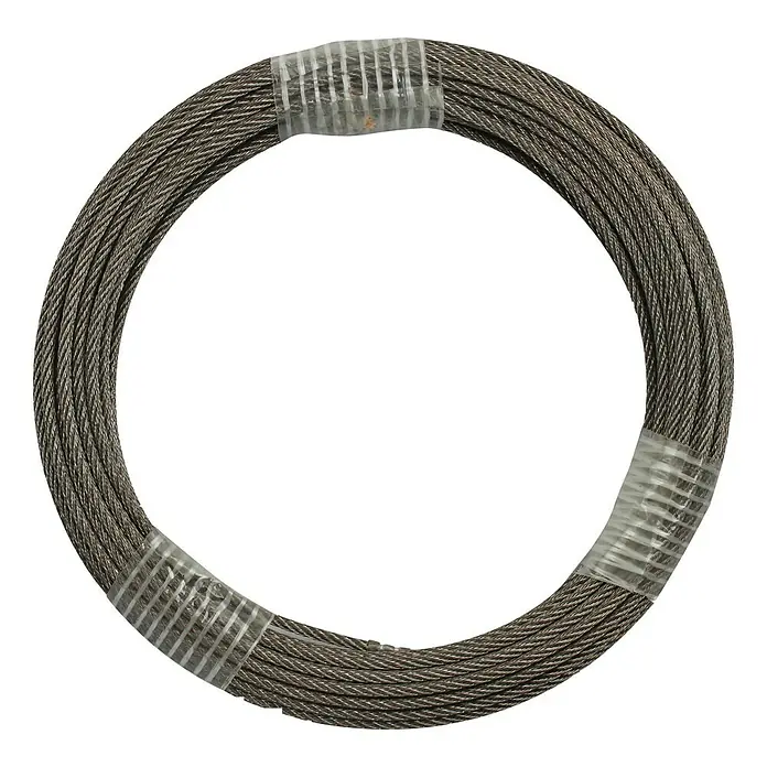 Stabilit Cable metálico - Ø x L: 2 mm x 1.000 cm, Carga soportada: 40 kg, Acero inoxidable - La imagen muestra una bobina de cable de acero, sujetada con cinta transparente, presentada en forma de anillo.