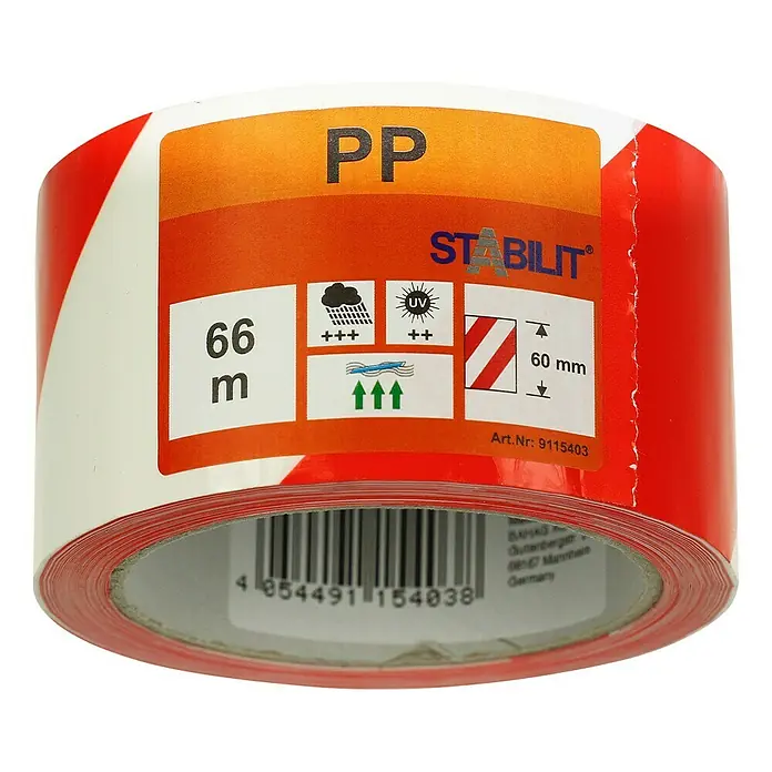 Stabilit Cinta de bloqueo - An x L: 50 mm x 66 m, Rojo/Blanco - Rollo de cinta de barrera roja y blanca de Stabilit, de material PP, 66 m de longitud, 60 mm de ancho, resistente a la intemperie y a los rayos UV.