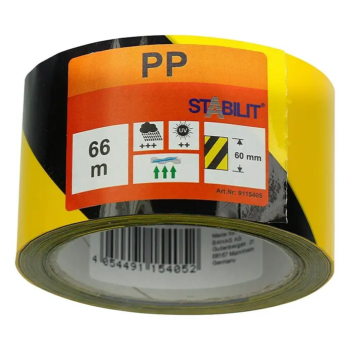 Stabilit Cinta de bloqueo - An x L: 50 mm x 66 m, Amarillo/Negro - Rollo de cinta de señalización de peligro amarilla y negra de Stabilit, 66 m de largo y 60 mm de ancho, de material PP, resistente a los rayos UV y a la intemperie, número de artículo 9115405.