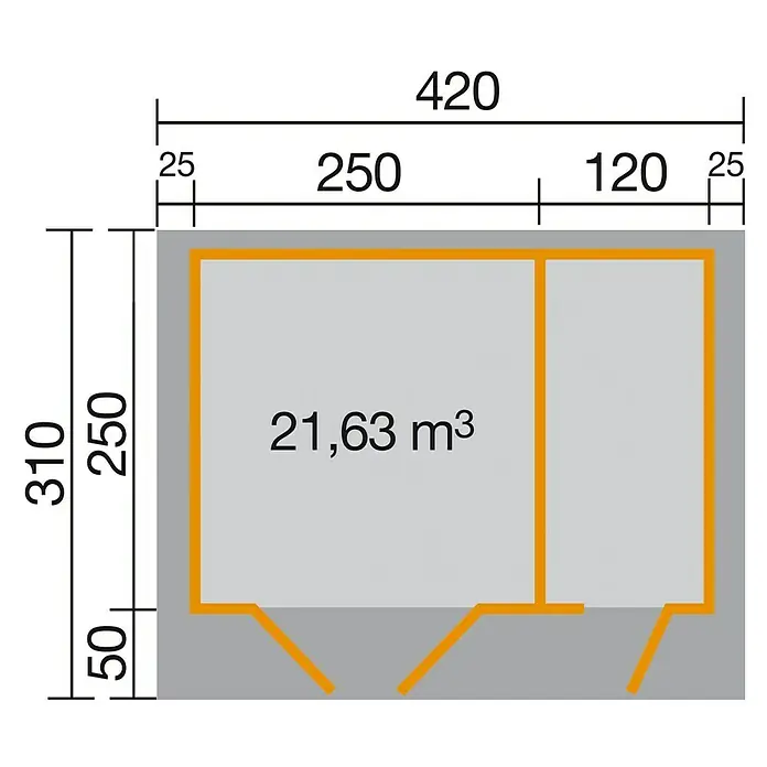 Weka Gartenhaus Niklas - Außenmaß inkl. Dachüberstand (B x T): 420 x 310 cm, Holz, Natur - Grundriss eines Gebäudes mit Größenangaben in Millimetern und einer Volumenangabe von 21,63 m³.