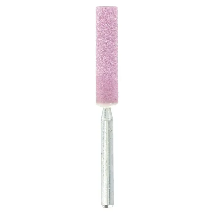Dremel Schleifstein 455 - Arbeitsdurchmesser: 5,6 mm, 3 Stk. - Nahaufnahme eines Schleifstiftes mit rosafarbenem Schleifkopf und silberfarbenem Schaft für präzise Schleifarbeiten.