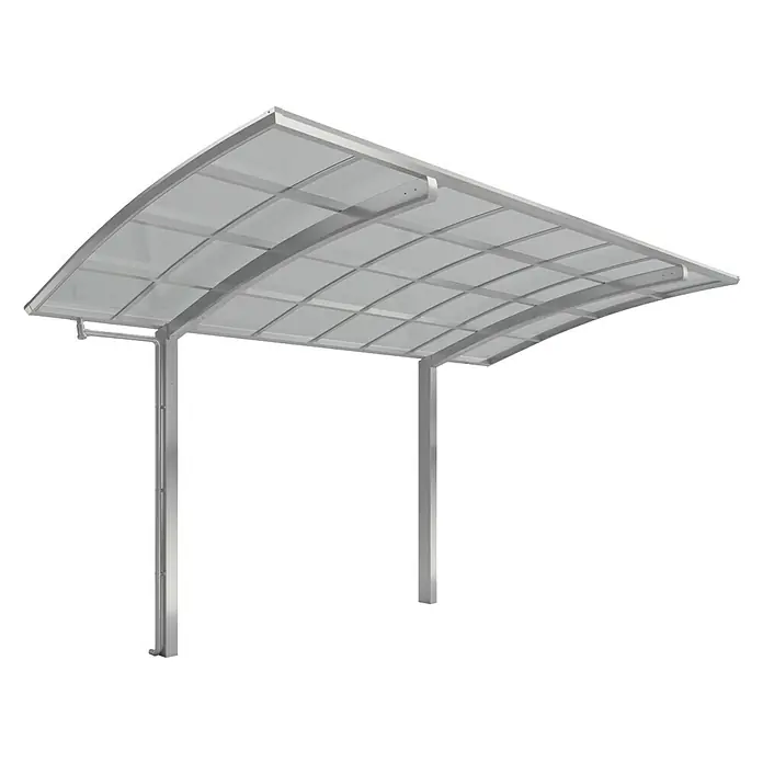 Ximax Carport Portoforte 60 - Außenmaß inkl. Dachüberstand (B x T): 2,7 x 4,95 m, Einzelcarport, Edelstahloptik, Schneelast: 75 kg/m² - Bild eines modernen Carports aus Metall mit transparentem Dach, ideal zum Schutz von Fahrzeugen vor Witterungseinflüssen.