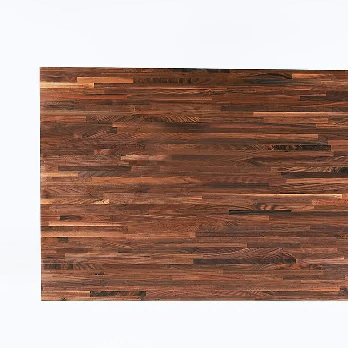 Exclusivholz Encimera - Nogal, 260 x 80 x 2,6 cm - Primer plano de una exquisita encimera de madera de nogal, destacando la rica veta y los tonos cálidos de la madera.