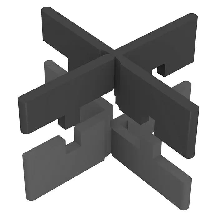 Fliesenkreuz FK - 50 Stk., Breite: 0,5 cm, Kunststoff - Abbildung eines zusammengesetzten Holzpuzzle-Würfels, dessen einzelne Elemente ineinandergreifen, dargestellt in Grautönen.