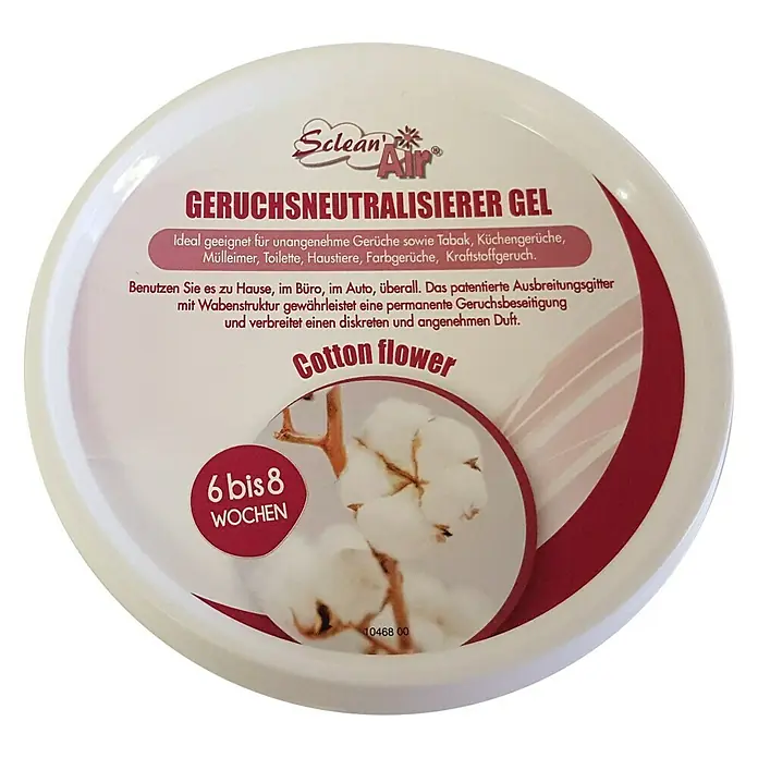 Geruchsneutralisierer Gel Sclean Air - Cotton Flower - Lufterfrischer-Gel "Cotton Flower" von Sclean Air, ideal zur Neutralisierung unangenehmer Gerüche im ganzen Haus.