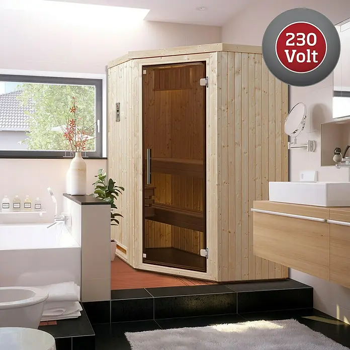 Weka Elementsauna Kiruna GT Kompakt Gr.1 - Elektroofen, Steuerung Ofen: Integriert, L x B x H: 144 x 144 x 199 cm - Ein Ecksauna-Modell mit Glastür, ideal für Badezimmer. Die Sauna ist aus hellem Holz gefertigt und hat einen 230-Volt-Anschluss.