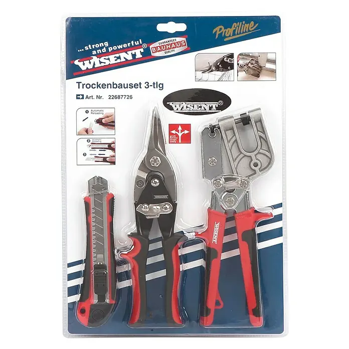 Wisent Trockenbau-Set - 3 -tlg., Geeignet für: Gipskartonplatten - Bild eines Trockenbausets von Wisent, bestehend aus Cutter, Blechschere und Profilschneider, verpackt in einer blauen Blisterpackung.