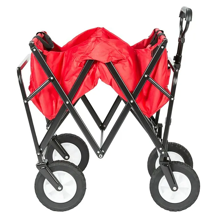 Faltbarer Bollerwagen Beach Waggon - L x B x H: 89 x 51,5 x 57,5 cm, Belastbarkeit: 60 kg - Zusammengeklappter Bollerwagen mit rotem Stoffbezug und schwarzem Gestell auf schwarzem Hintergrund für einfachen Transport und Lagerung.