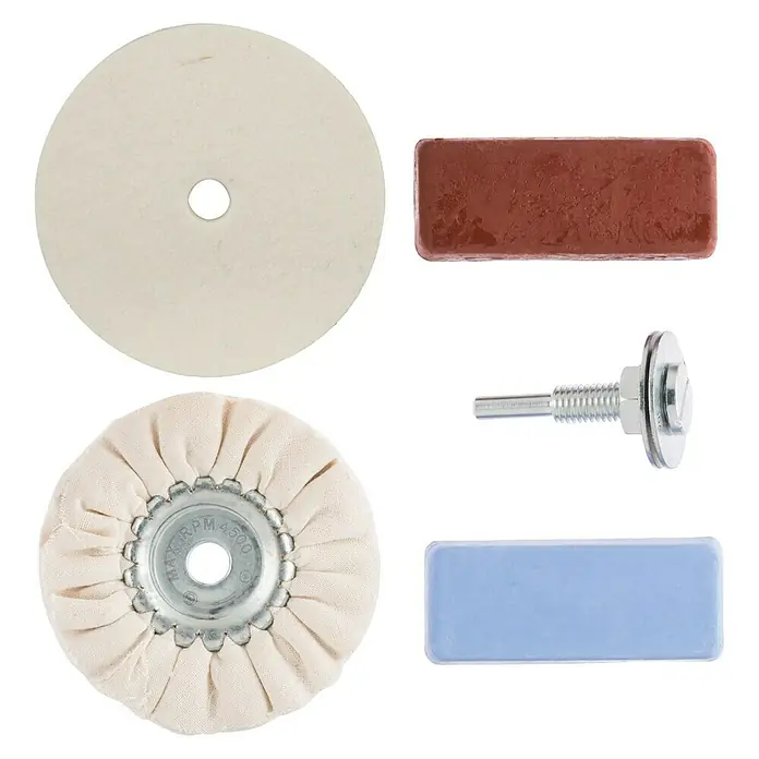 Craftomat Polier-Set - 5 -tlg. - Schleif- und Polierset mit Polierscheiben, Polierpasten und Spindel für Bohrmaschinen zur Metall- und Oberflächenbearbeitung.
