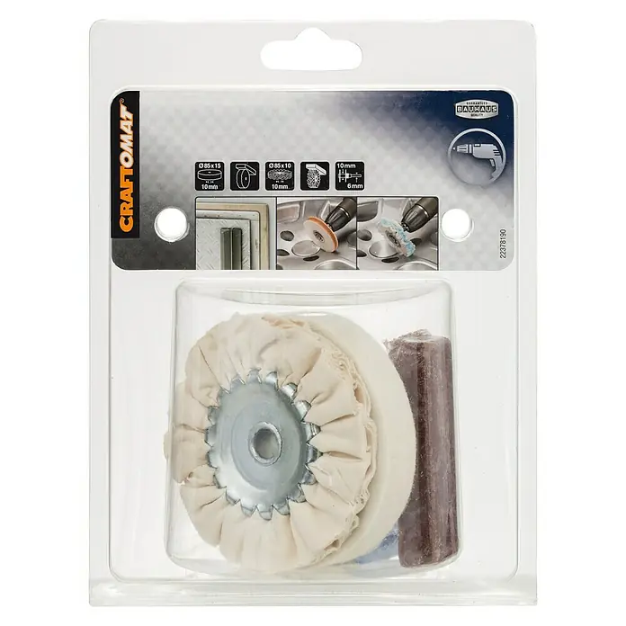 Craftomat Polier-Set - 5 -tlg. - Eine Detailaufnahme einer Craftomat Polierset-Verpackung mit Polierscheibe und Polierpaste.