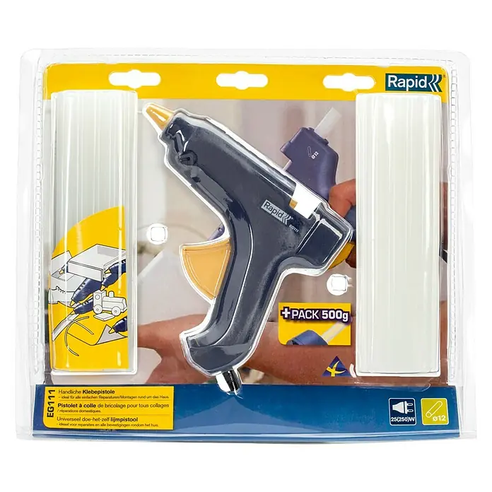 Rapid Heißklebepistolen-Set EG 111 - 47 W, Durchmesser Klebepatrone: 12 mm - Rapid EG111 Heißklebepistole mit 500g Klebesticks, ideal für Reparaturen und Bastelarbeiten im Haus. Kompaktes und handliches Design.