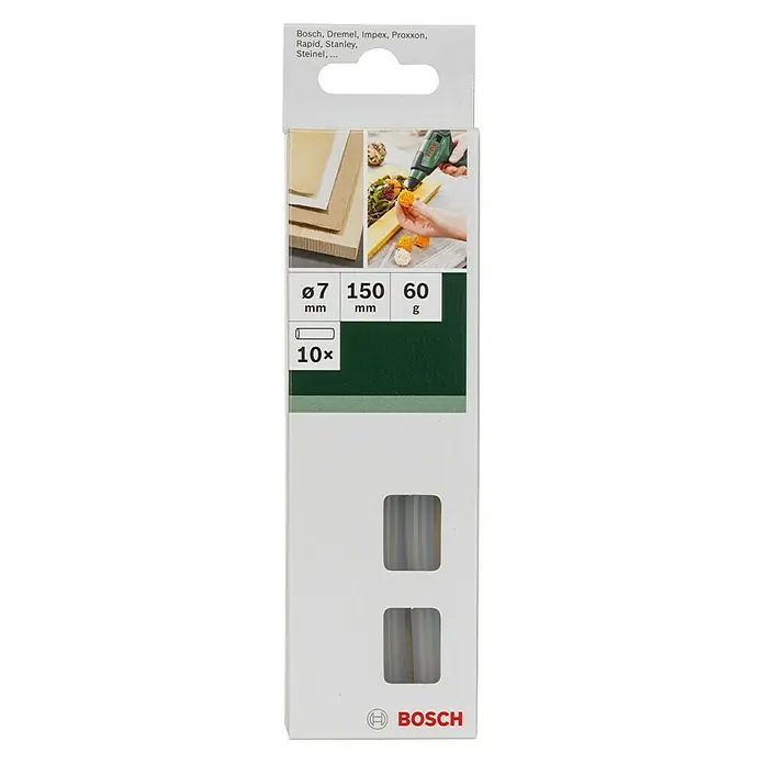 Bosch Klebepatronen10 Stk., Durchmesser Klebepatrone: 7 mm, Transparent - Abbildung einer Packung Bosch Klebesticks mit den Maßen Ø7 x 150 mm und einem Gewicht von 60 g.
