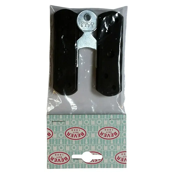 Bever Ausgleichsplatten Stuco Safe - Scope of services: 5 x 1 mm, 5 x 2 mm, Schlüssel, Braun - Bild einer neuen STUCO SAFE Schrankverriegelung mit Schlüssel, die sich in der Originalverpackung befindet.