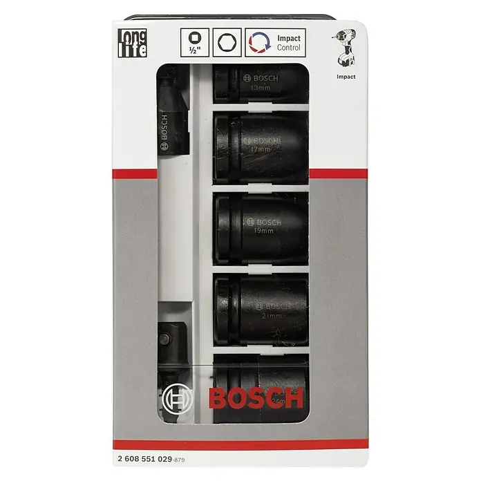 Bosch Set de llaves de vaso Impact Control - 7 pzs. - Juego de vasos Impact Control de Bosch con diferentes tamaños en un embalaje gris con línea roja.