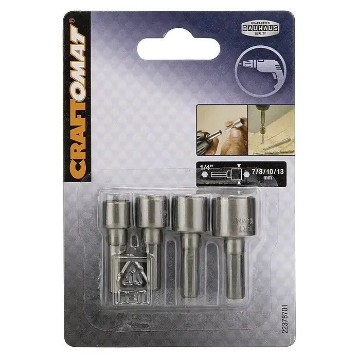 Craftomat Set de puntas de llave de vaso - 4 pzs., Tamaño de accionamiento: Hexágono ¼'' - Juego de insertos para llaves de vaso Craftomat, 4 piezas, con medidas 7/8/10/13 mm. Ideal para atornillar con atornilladores inalámbricos.