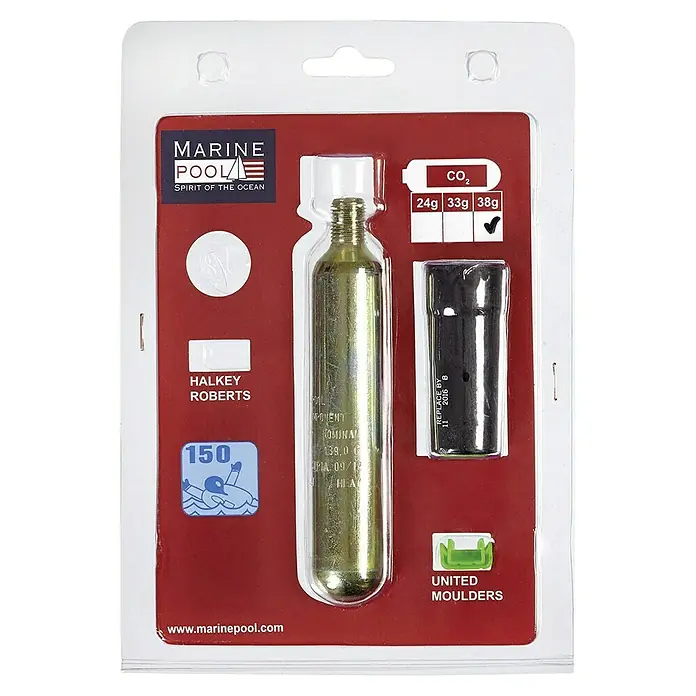 Marinepool Austausch-Set UML MK5 Racer Automatk 38 g - Passend für: 180N Rettungswesten - Eine Marine Pool CO2-Ersatzpatrone (38g) mit Auslöser und Clip in einer Blisterverpackung.