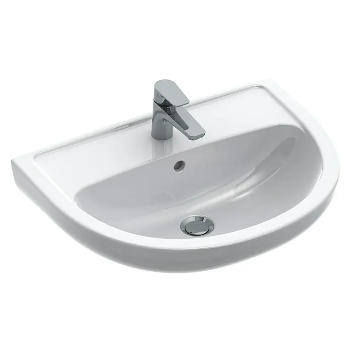 Gustavsberg Concentus Pure Waschtisch - 60 x 45,5 cm, Ohne Spezialglasur, Hahnloch: Mitte, Mit Überlauf, Weiß - Bild eines weißen Keramik-Waschbeckens mit einem modernen Chromhahn, ideal für jedes Badezimmerdesign.\n
