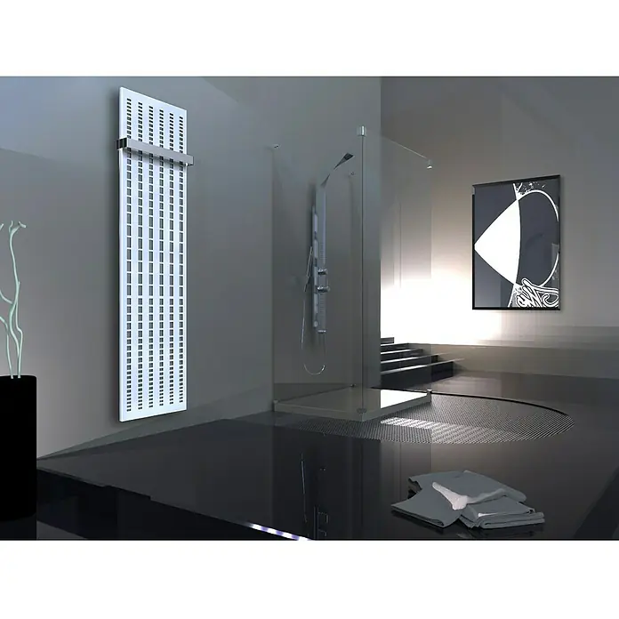 Szagato Designheizkörper Broken Mirror 3 - B x H: 470 x 1.800 mm, Wärmeleistung bei Vorlauftemperatur von 75 °C (D: 50): 1.118 W, Moonstone-Grau/Weiß, Mit 1 Handtuchhalter (50 mm) - Ein moderner Badezimmerheizkörper in Weiß mit einem auffälligen, quadratischen Design, das Wärme und Stil vereint.