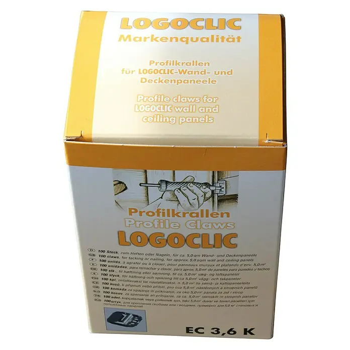 LOGOCLIC Schraub- & Tackerkrallen EC 3,6 K - 100 Stk. - LOGOCLIC Profilkrallen-Box. Die Box enthält 100 Stück zum Heften oder Nageln für Wand- und Deckenpaneele von ca. 5,0qm.
