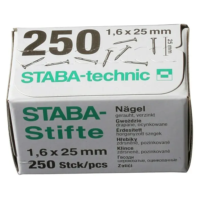 Staba Nagel - Durchmesser: 1,6 mm, Länge: 25 mm, 250 Stk. - Nagelpackung STABA-Technic, 1,6 x 25 mm, 250 Stück, geraut und verzinkt, ideal für diverse Befestigungsarbeiten.