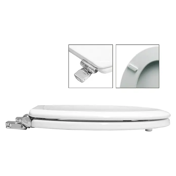Bemis WC-Sitz Greenline - Holz, Weiß, Mit Absenkautomatik - Nahaufnahme eines weißen WC-Sitzes mit Chrombeschlägen, der ein elegantes und hygienisches Badezimmeraccessoire darstellt.