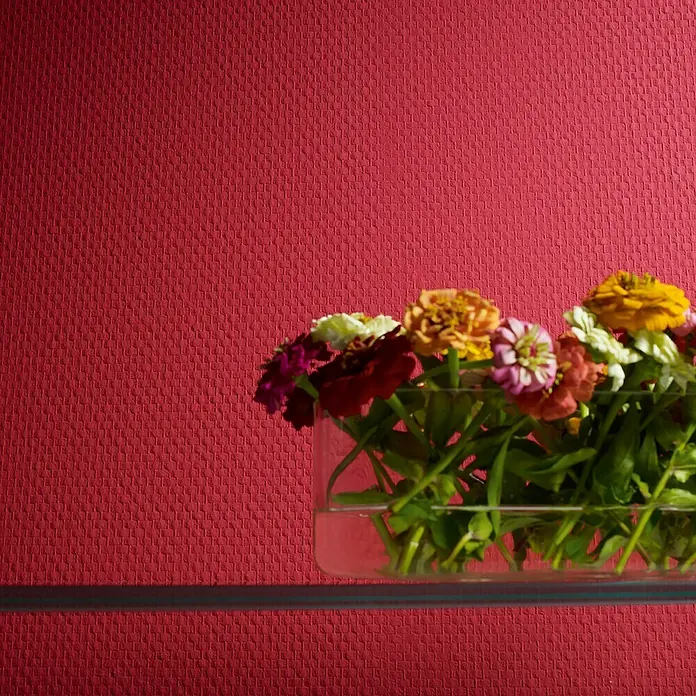 Atlantis Design Vliestapete Kissenoptik - Weiß, Uni, 10,05 x 0,53 m - Ein Arrangement aus Zinnien in einer Glasvase, das die Blumen und ihre Stiele im Wasser zeigt, vor einem strukturierten, weinroten Hintergrund.