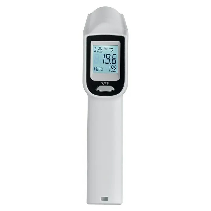 Laserliner Infrarot-Thermometer ThermoSpot Laser - Messbereich: -38 °C bis +365 °C - Ein weißes, digitales Infrarot-Thermometer mit LCD-Anzeige, das 19,6 Grad Celsius anzeigt.