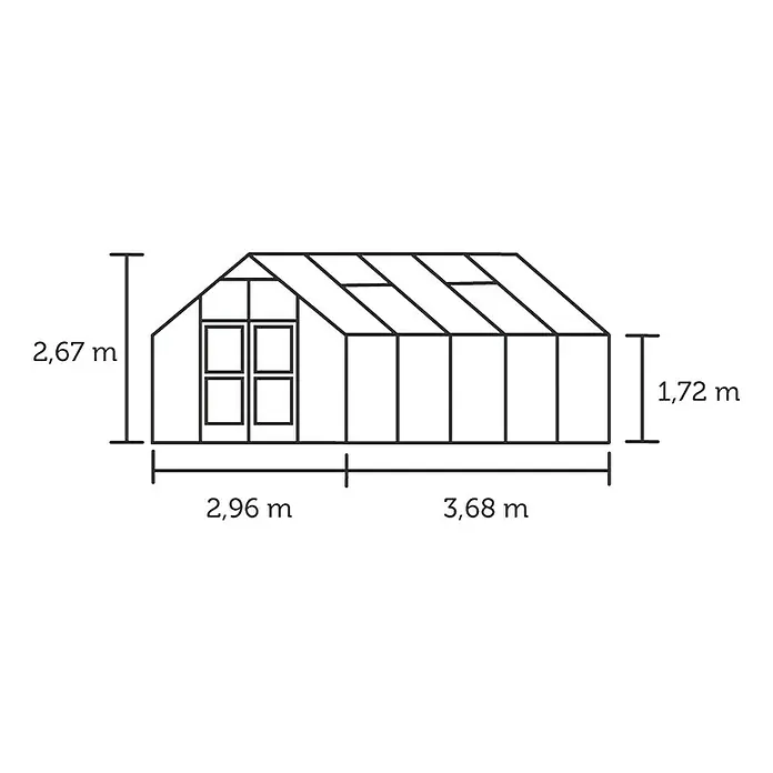 Juliana Gewächshaus Premium - Außenmaß inkl. Dachüberstand (B x T): 296 x 368 cm, Material Seitenwand: Glas, 3 mm, Silber/Schwarz - Abbildung eines Gewächshauses mit den Maßen 2,67 m Höhe, 2,96 m + 3,68 m Breite und 1,72 m Höhe der Seitenwand.