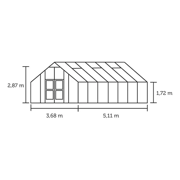 Juliana Gewächshaus Gärtner - Außenmaß inkl. Dachüberstand (B x T): 368 x 511 cm, Material Seitenwand: Kunststoff, 10 mm, Silber/Schwarz - Abbildung eines Gewächshausplans mit den Maßen 2,87 m Höhe, 3,68 m und 5,11 m Länge und 1,72 m Höhe an der Seite.