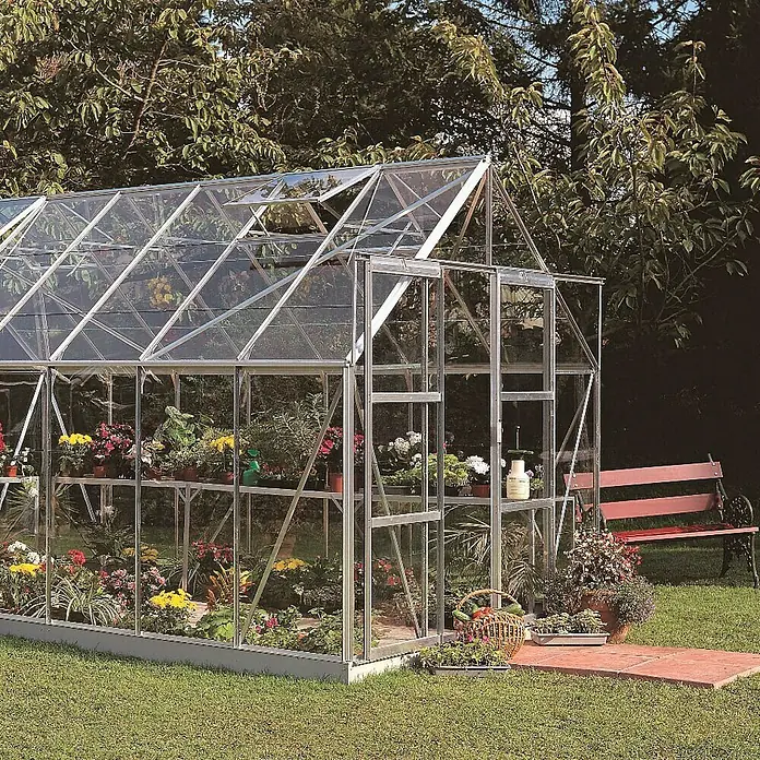 Halls Gewächshaus Magnum 148 - Außenmaß inkl. Dachüberstand (B x T): 257 x 446 cm, 3 mm, Silbergrau, Sicherheitsglas - Gewächshaus aus Glas und Metall mit Pflanzen und Blumen darin, daneben eine Bank auf einer Rasenfläche.