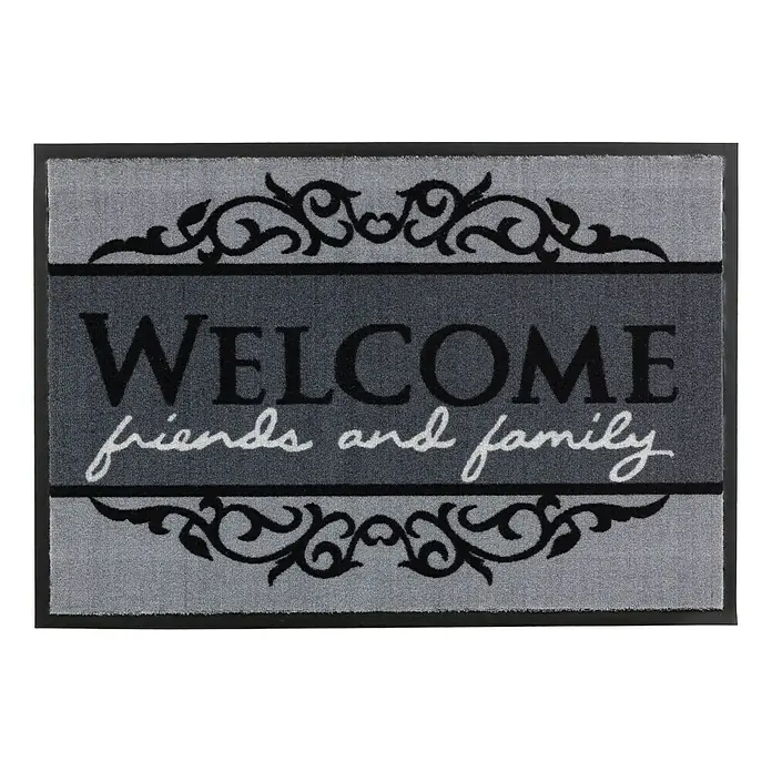 Astra Homelike Fußmatte Welcome friends and family - Schwarz/Grau, 50 x 70 cm, 100 % Polyamid - Fußmatte mit „Welcome“-Schriftzug, ideal für den Eingangsbereich. Das florale Design und die Farben Grau/Schwarz sorgen für einen freundlichen Empfang.