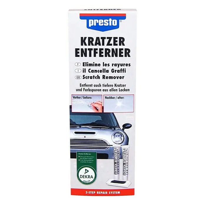 Presto Kratzer-Entferner - 8 -tlg., Geeignet für: Leichte Kratzer - Produktbild von Presto Kratzerentferner, einem 2-Stufen-Reparatursystem zur Beseitigung von Kratzern und Farbspuren auf Lackoberflächen.