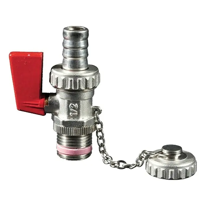 KFE-Kugelhahn - ½″, Vernickelt - Absperrventil mit rotem Griff und Kappe mit Kette, ideal für den Sanitärbereich.