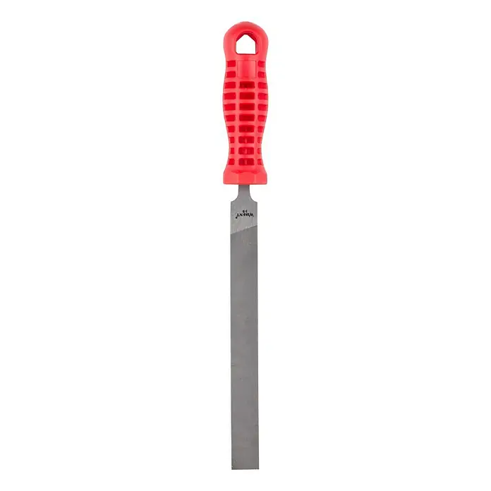 Wisent Flachstumpffeile - Hieb: 3/Fein, Länge Feilenblatt: 150 mm - Nahaufnahme einer Schlüsselfeile mit rotem Griff. Präzisionswerkzeug für Metallbearbeitung, ideal zum Anpassen von Schlüsseln und feinen Arbeiten.