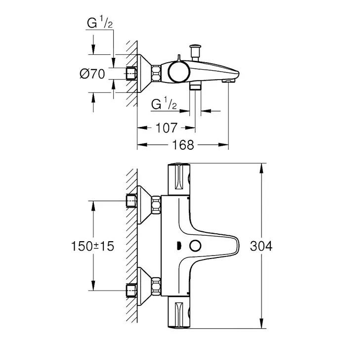 Grohe Wannenthermostat - Chrom, Glänzend - Technische Zeichnung einer Duscharmatur mit Maßangaben für Installation. Wandmontage mit G 1/2 Anschlüssen und Abmessungen.